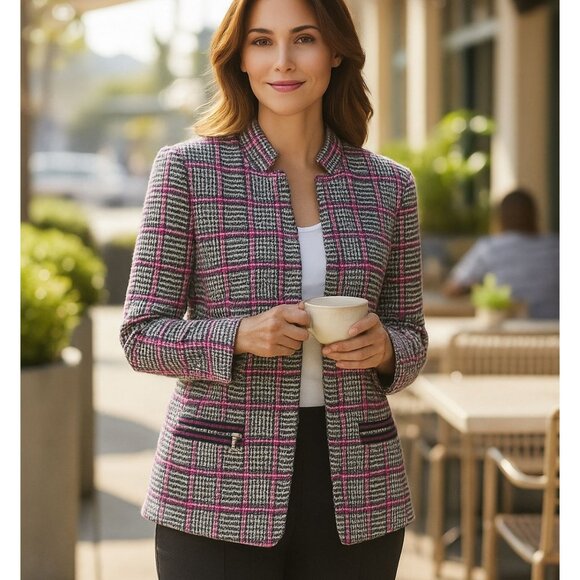 Ming Wang Women's Blazer Jacket Size L Pink Black White Plaid Knit Zip Pockets - Picture 1 of 10